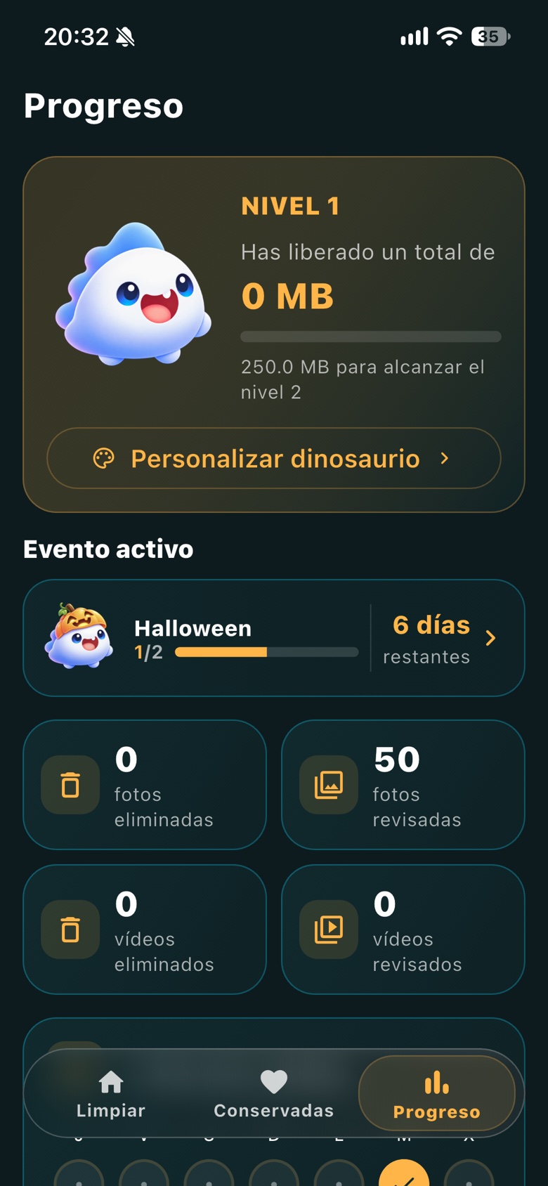 Pantalla real de Progreso: nivel de Glotito, espacio liberado y estadísticas